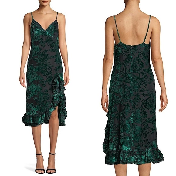 CAROLINE CONSTAS Floral Velvet Burnout Sleeveless Slit Ruffle Hem Slip Dress 4 - Picture 1 of 4